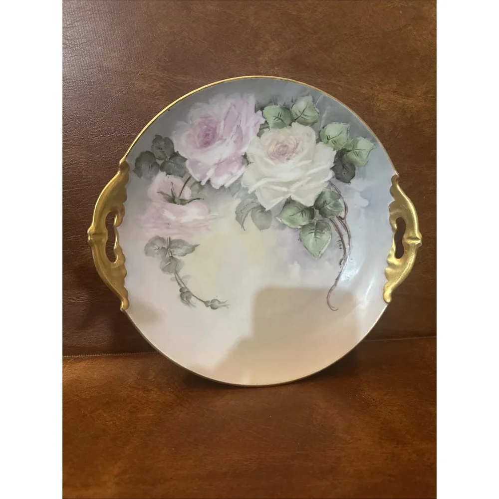 Antique Pink Roses Hand Painted 9-1/2 Plate with Gold Handles